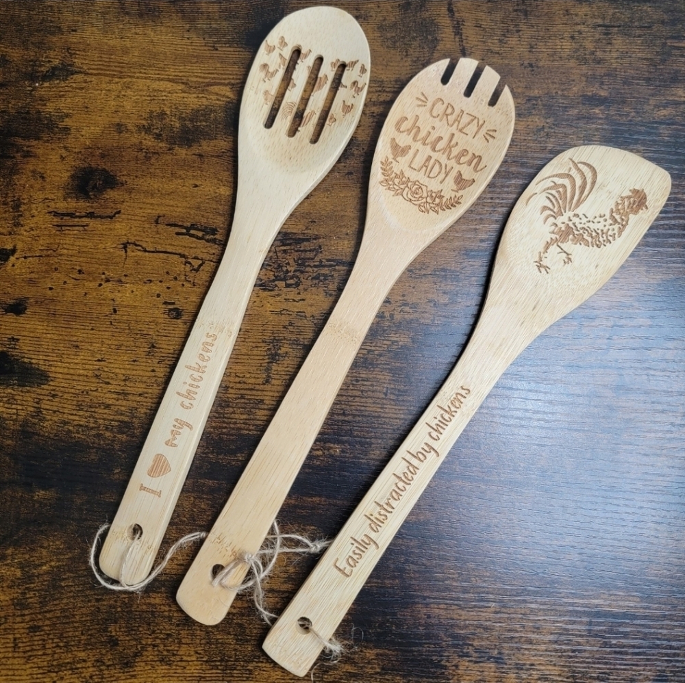 3pcs Engraved Wooden Kitchen Utensils Set Decor